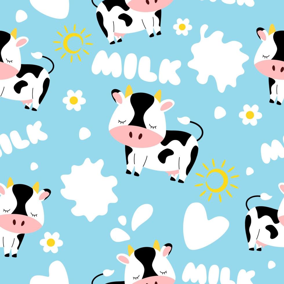 joli motif sans couture avec vache, éclaboussures de lait, gouttes, camomille et soleil sur fond bleu. illustration vectorielle. vecteur