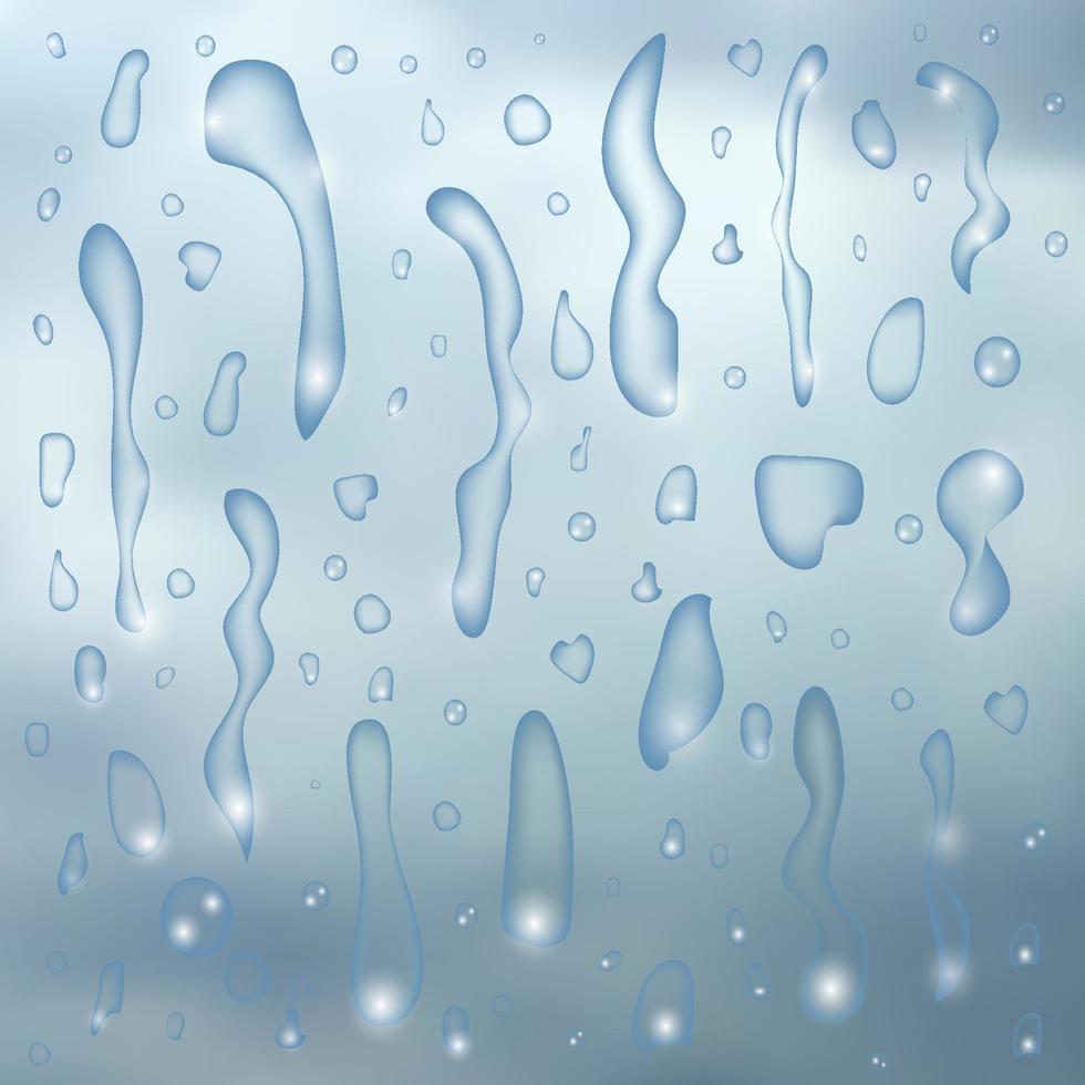 gouttes d'eau sur fond de verre bleu. gouttelettes de pluie avec réflexion de la lumière sur la surface de la fenêtre sombre. illustration vectorielle. vecteur