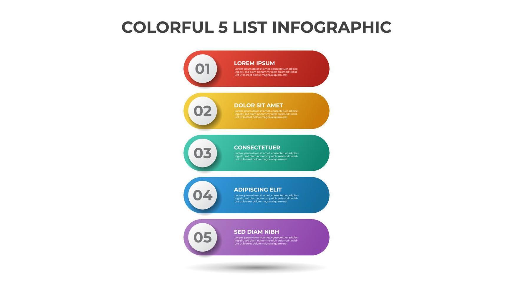 coloré 5 points de diagramme de liste, vecteur de modèle d'élément infographique.