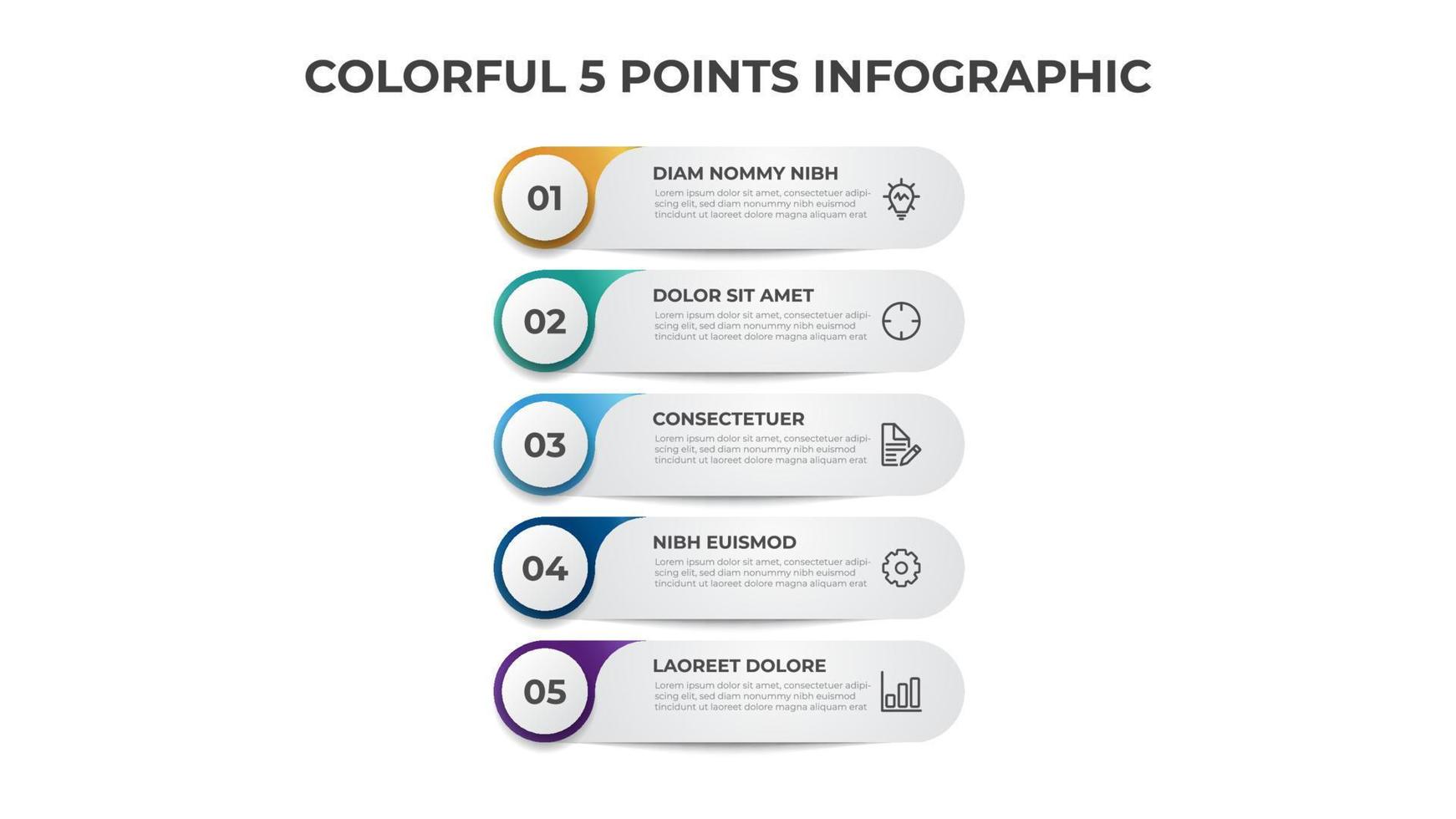 diagramme de liste coloré avec 5 points d'étapes, vecteur de modèle d'élément infographique.