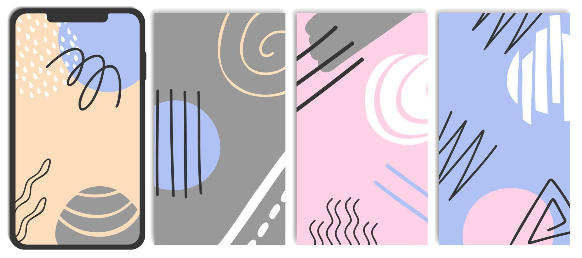 gribouillis abstraits dessinés à la main ensemble de papiers peints verticaux pour téléphone mobile. modèles d'histoires de médias sociaux de formes organiques minimalistes simples modernes. fond de spirales de vagues de doodle. illustration vectorielle. vecteur