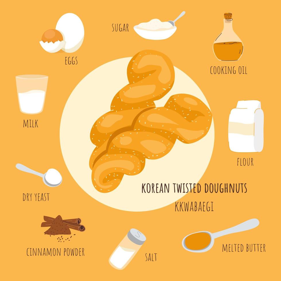 recette kkwabaegi de beignets torsadés coréens avec des ingrédients. collation sucrée traditionnelle de la rue asiatique. mignon doodle dessiné à la main. illustration vectorielle. vecteur