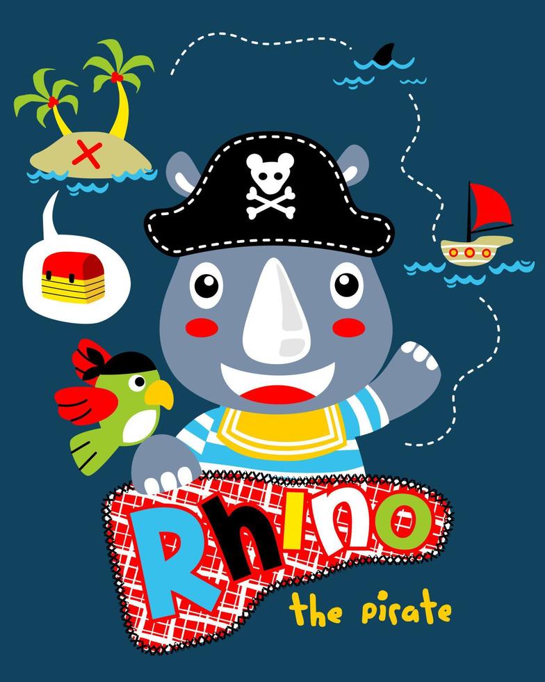 illustration vectorielle de dessin animé de rhinocéros en costume de pirate avec des éléments de pirate à voile vecteur