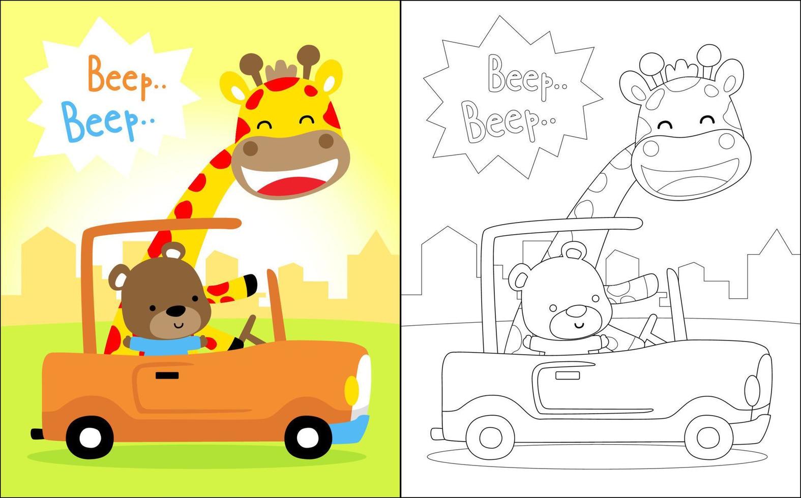 illustration vectorielle de livre de coloriage avec girafe heureuse et ours sur la voiture vecteur
