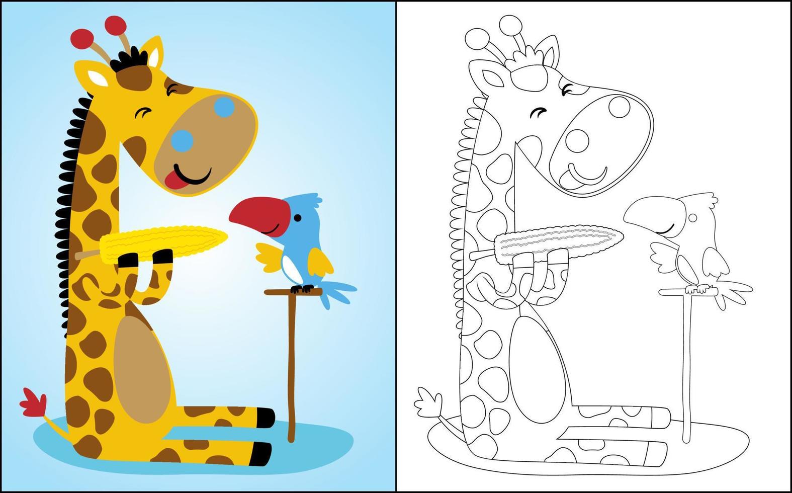 livre de coloriage ou page d'animaux mignons, girafe assise tout en tenant du maïs avec un petit oiseau vecteur