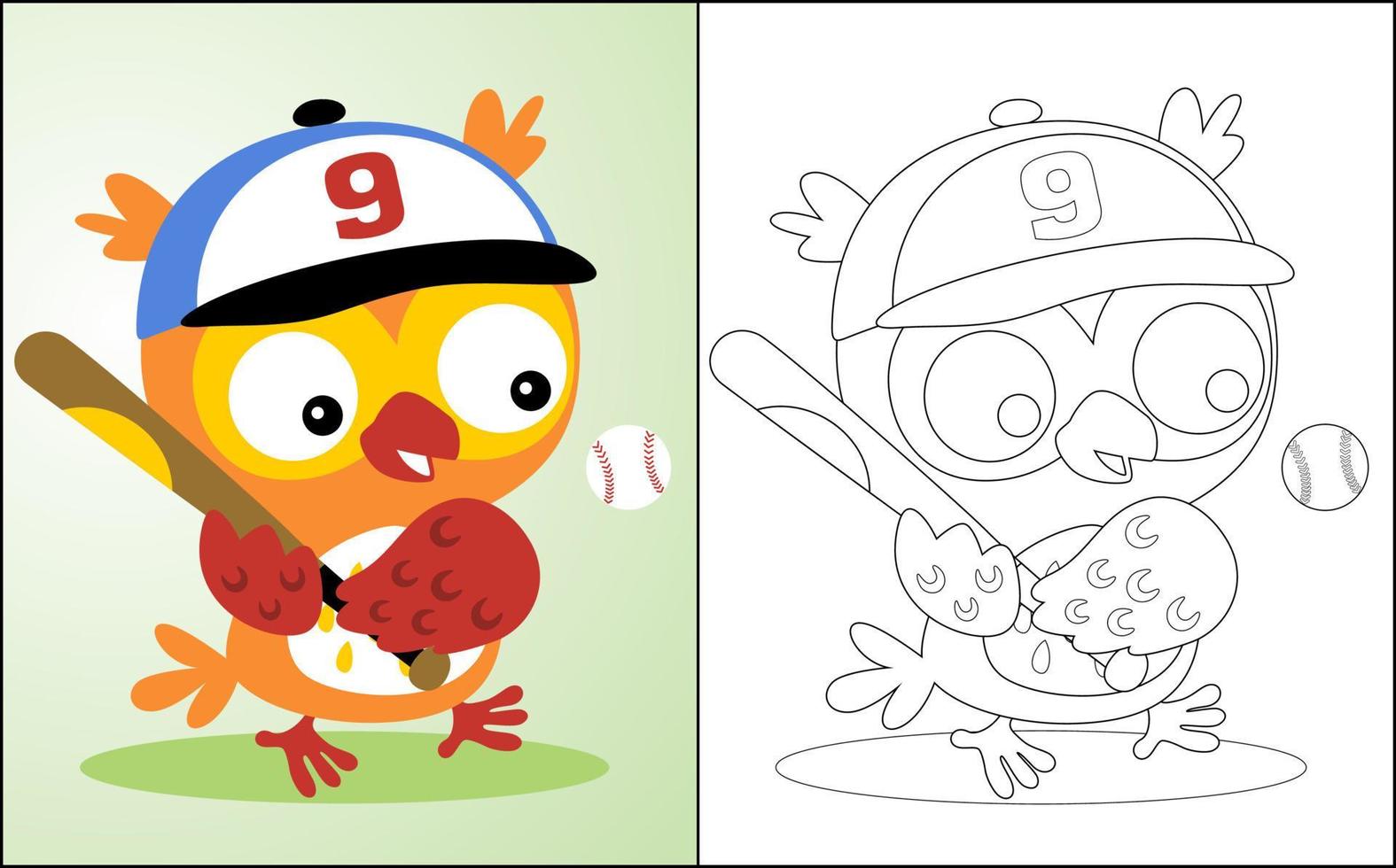 livre de coloriage ou page avec dessin animé drôle de hibou jouant au baseball vecteur