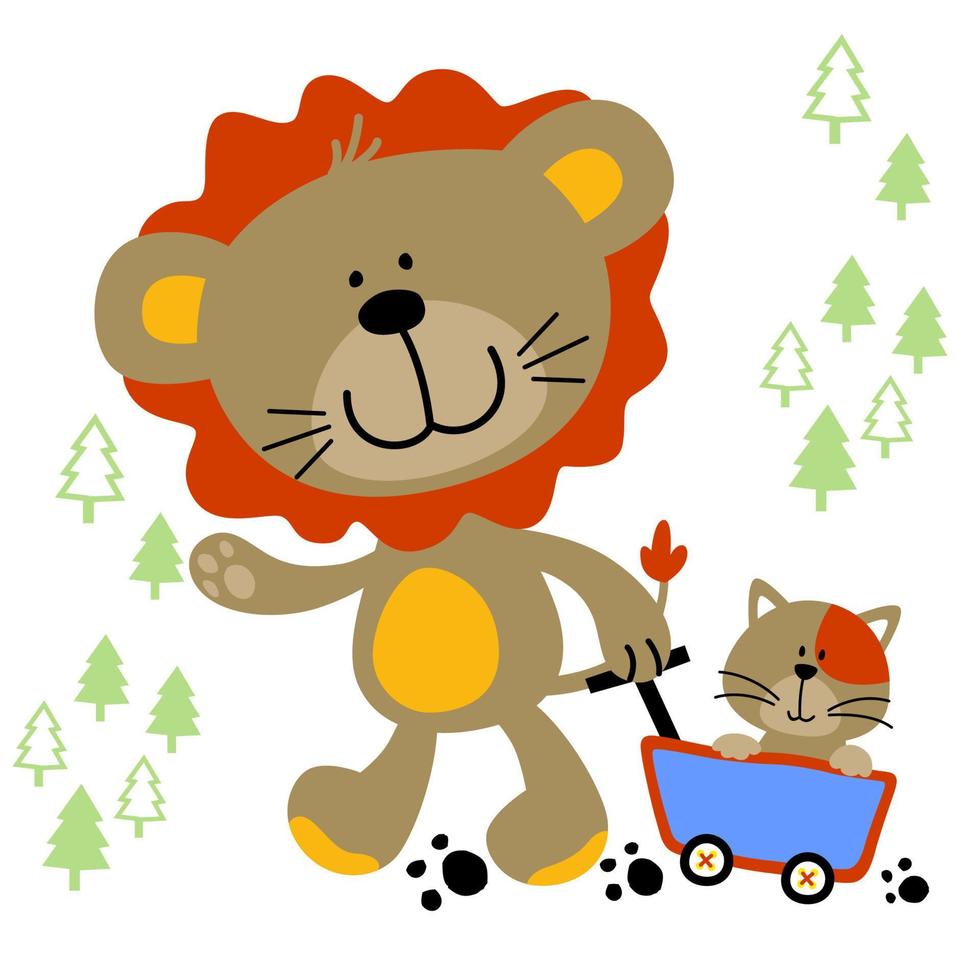 lion mignon tirant un chat sur un chariot, illustration de dessin animé vectoriel