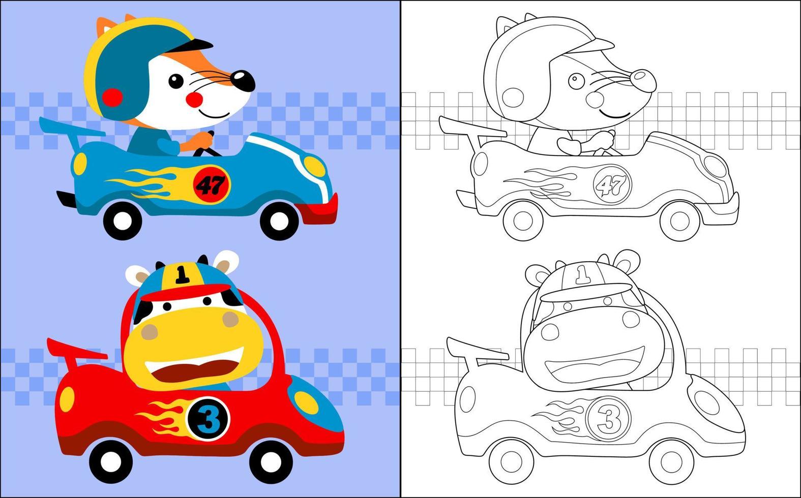 livre de coloriage de dessin animé de renard et de vache équitation voiture de course vecteur