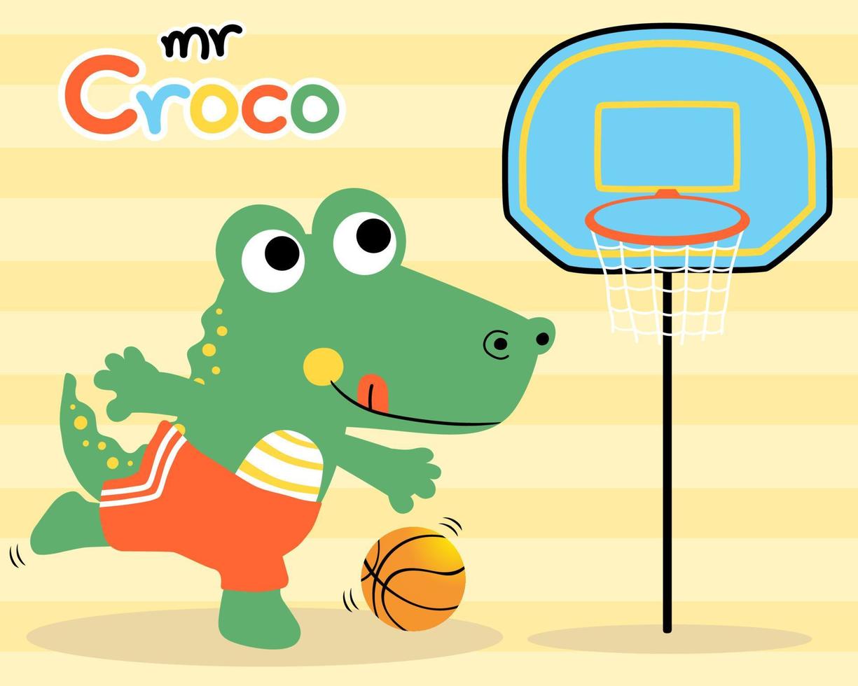 joli dessin animé de crocodile jouant au basket vecteur