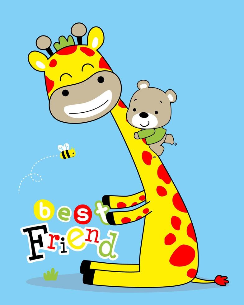 vecteur de dessin animé animal, petite montée d'ours sur le cou de la girafe, vol d'abeille