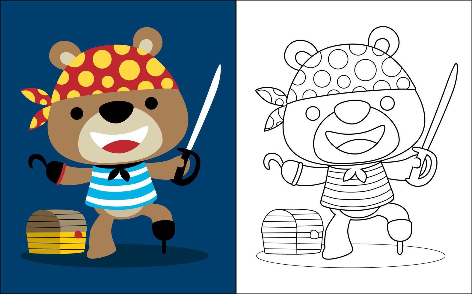 illustration vectorielle de livre de coloriage avec dessin animé drôle d'ours en costume de pirate avec coffre au trésor vecteur