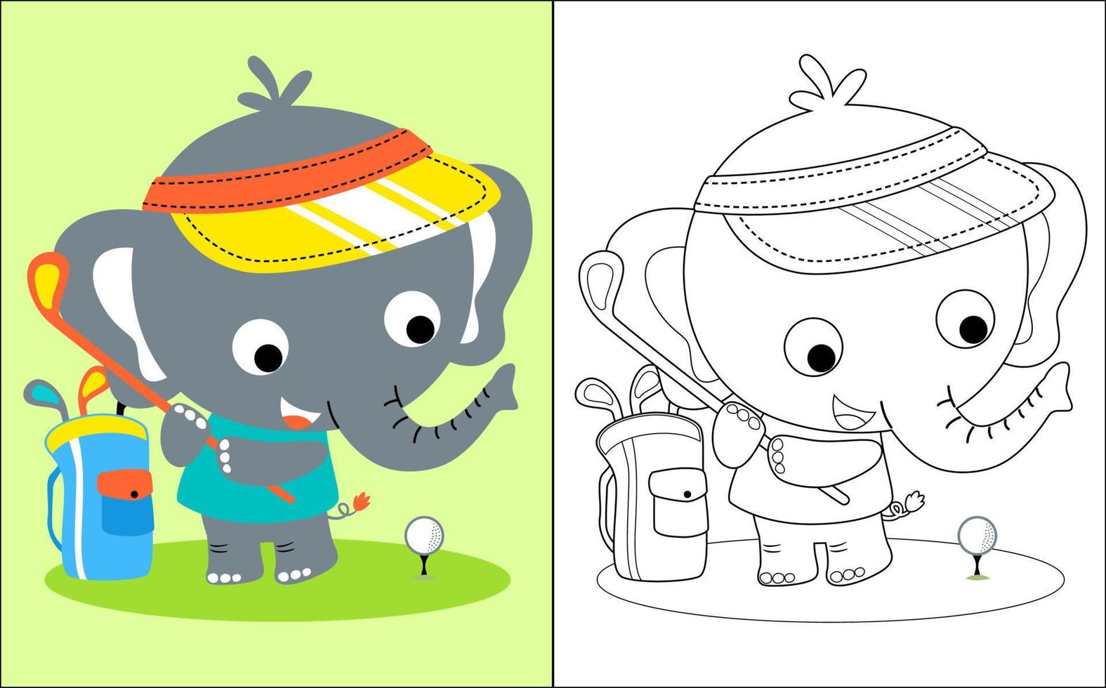 illustration vectorielle de livre de coloriage avec petit dessin animé d'éléphant jouant au golf vecteur