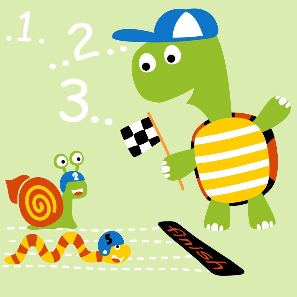 illustration de dessin animé de vecteur de compétition de course avec escargot et serpent, tortue tenant le drapeau d'arrivée