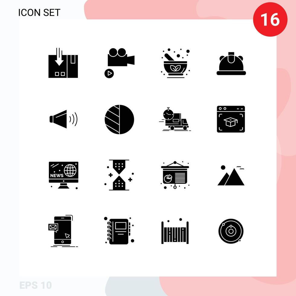 pack de glyphes solides de 16 symboles universels de construction de bol de casque de haut-parleur éléments de conception vectoriels modifiables à base de plantes vecteur