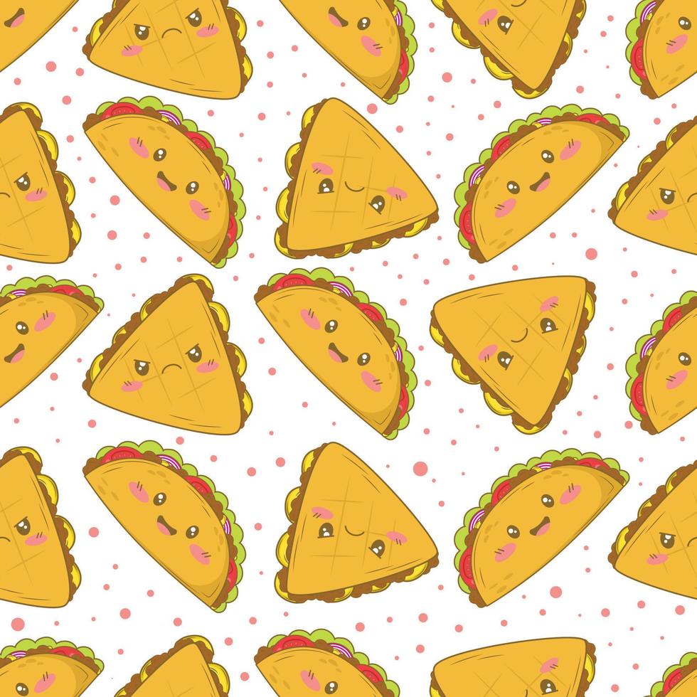 modèle sans couture avec tacos mexicains et quesadillas avec des visages drôles dans un style de dessin animé doodle isolé sur fond blanc vecteur