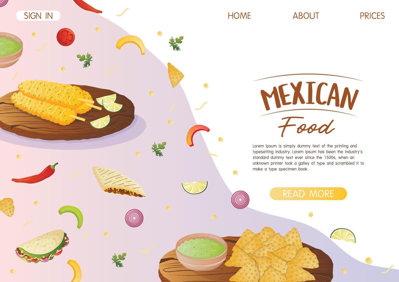 modèle de page de destination de site Web avec quesadilla de plat mexicain et empanadas sur un plateau en bois. restauration rapide et collations de rue, tortillas à la viande, livraison de plats à emporter vecteur