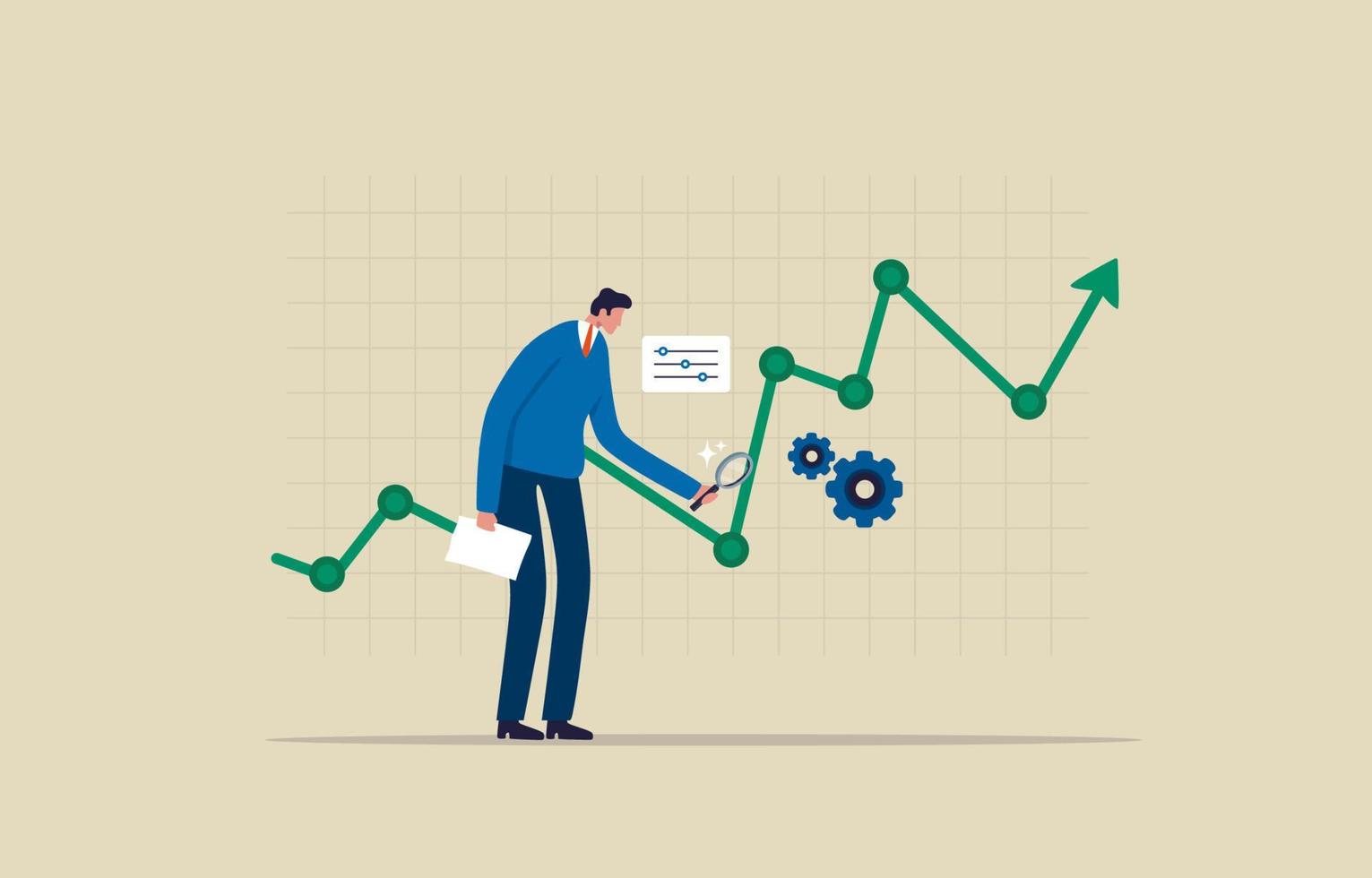 analyse des données boursières. analyser des tableaux financiers ou d'investissement. homme d'affaires utilisant une loupe et des outils pour analyser le graphique. illustration vecteur