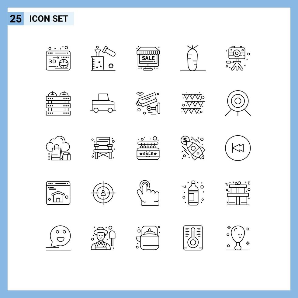groupe de 25 lignes modernes définies pour les passe-temps moniteur vidéo légumes carotte éléments de conception vectoriels modifiables vecteur
