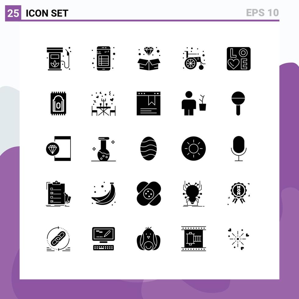 ensemble moderne de 25 pictogrammes de glyphes solides d'éléments de conception vectoriels éditables de note de roue de signe bijou médical vecteur