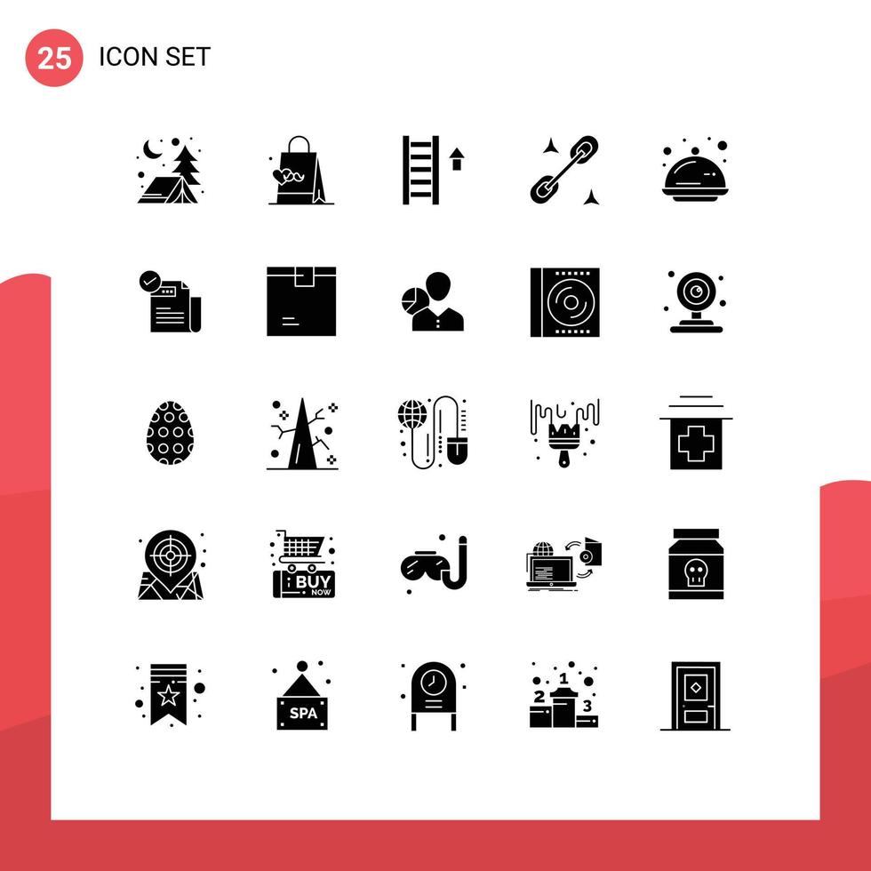 ensemble moderne de 25 pictogrammes de glyphes solides d'éléments de conception vectoriels modifiables de bureau de couverture d'escalier de nourriture de fête vecteur