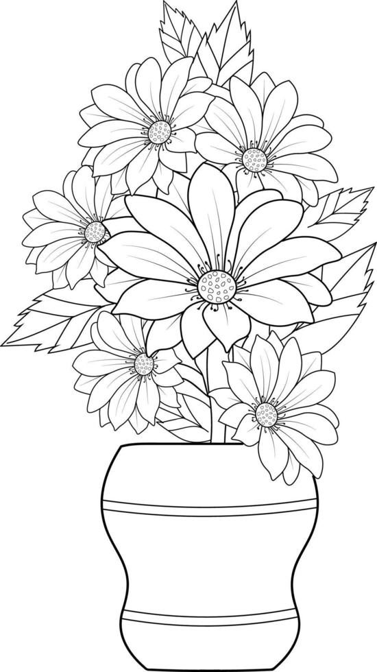 bouquet de fleurs de marguerite de vecteur croquis illustration dessinée à la main, branche de collaction naturelle de feuilles bourgeon vase contour dessin art d'encre gravé isolé sur fond blanc.