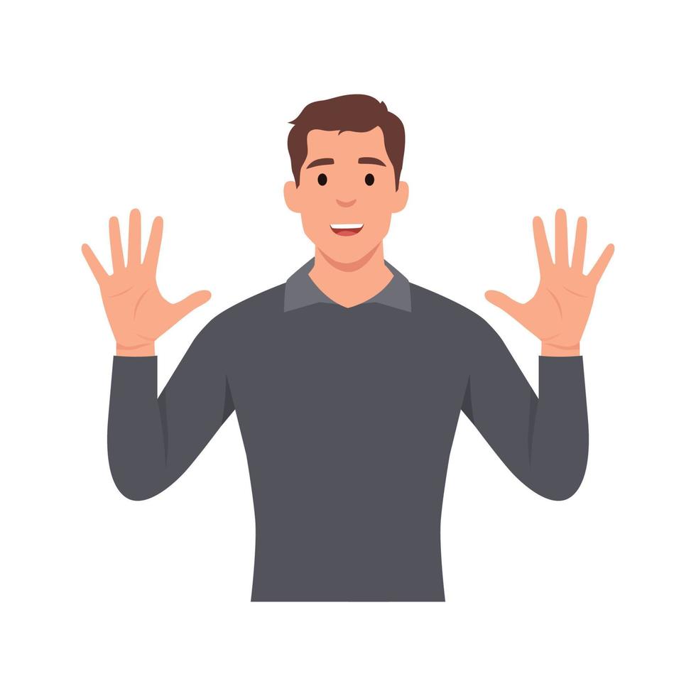 personnage de jeune homme lève la main pour montrer le numéro de comptage 10. illustration vectorielle plane isolée sur fond blanc vecteur