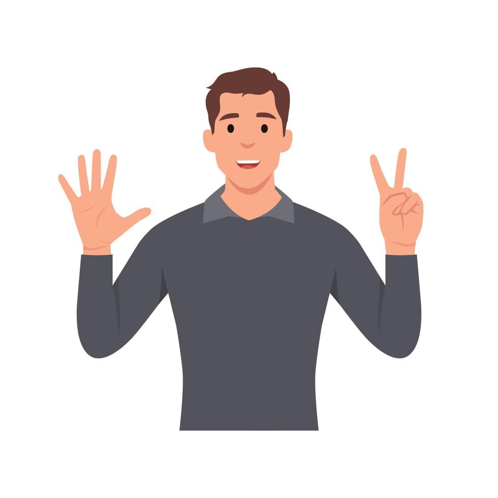 personnage de jeune homme lève la main pour montrer le numéro de comptage 7. illustration vectorielle plane isolée sur fond blanc vecteur