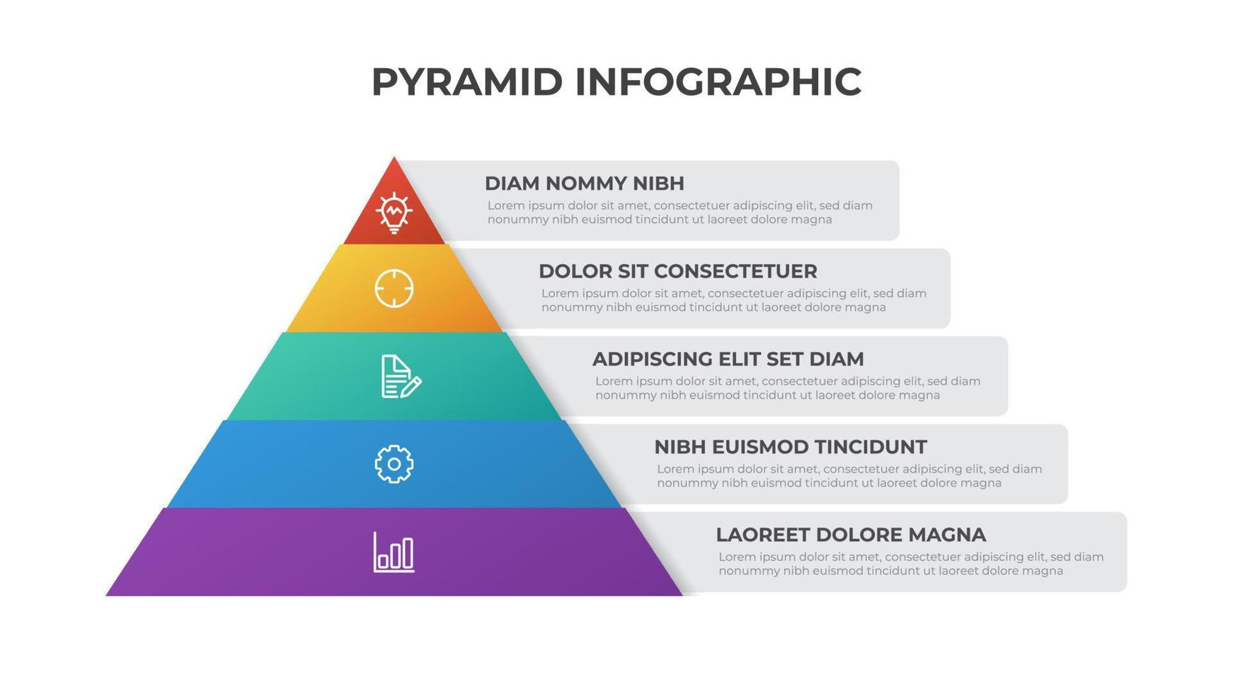vecteur de modèle d'infographie pyramide avec 5 listes, vecteur de mise en page polyvalent pour la présentation, la bannière, la brochure, le rapport, etc.