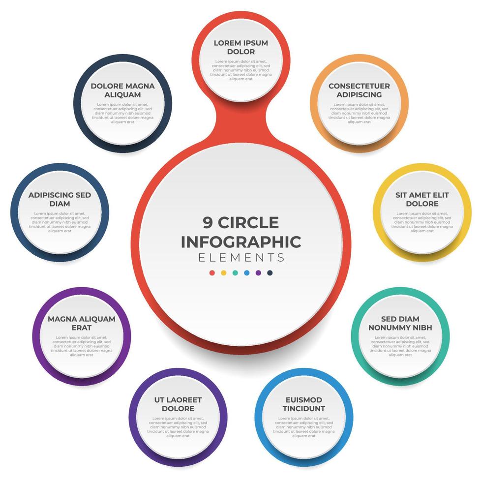 schéma de disposition circulaire avec 9 points d'étapes, séquence, vecteur de modèle d'élément infographique de cercle coloré.