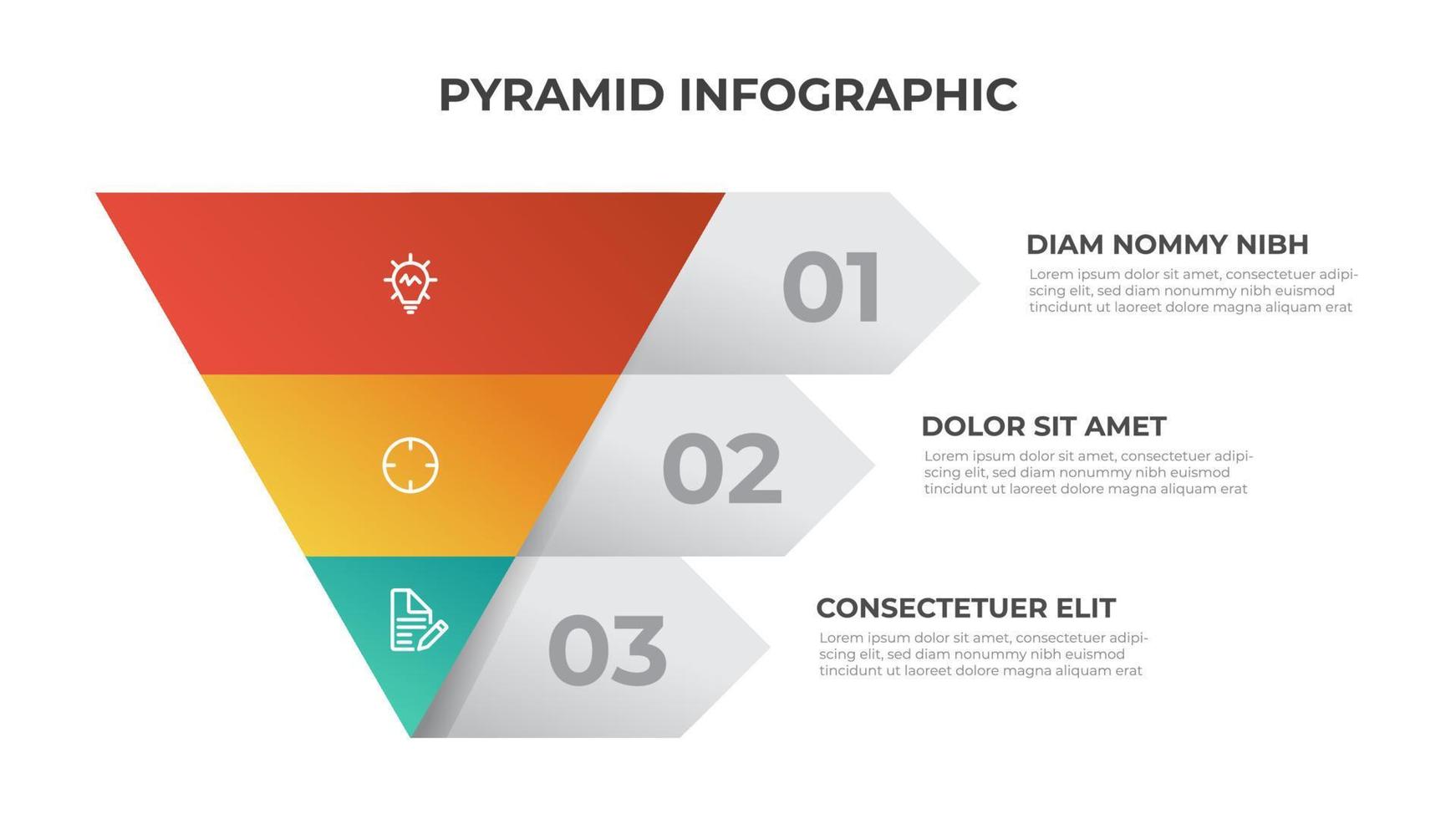 3 points de diagramme pyramidal, disposition de niveau de liste de triangle, vecteur de modèle d'élément infographique