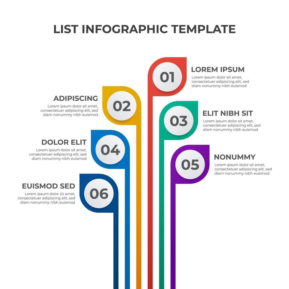 6 points de liste, diagramme d'étapes, vecteur de modèle d'élément infographique avec motif de feuilles colorées, peuvent être utilisés pour la présentation ou la publication sur les réseaux sociaux.