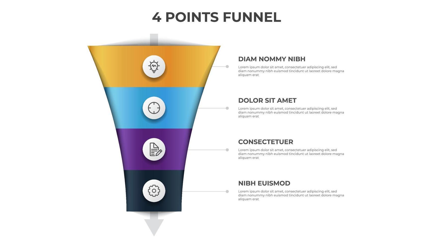 diagramme de flèche en entonnoir avec 4 points, options, liste, vecteur de modèle d'élément infographique, peut être utilisé pour les ventes, le marketing, le flux de processus