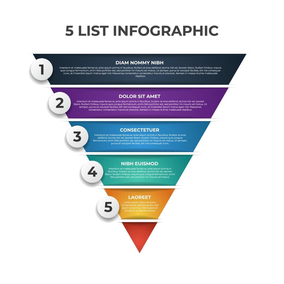 élément infographique pyramidal à l'envers avec 5 listes, options, niveaux, modèle de présentation pour la présentation, publication sur les réseaux sociaux, brochure, dépliant, etc. vecteur