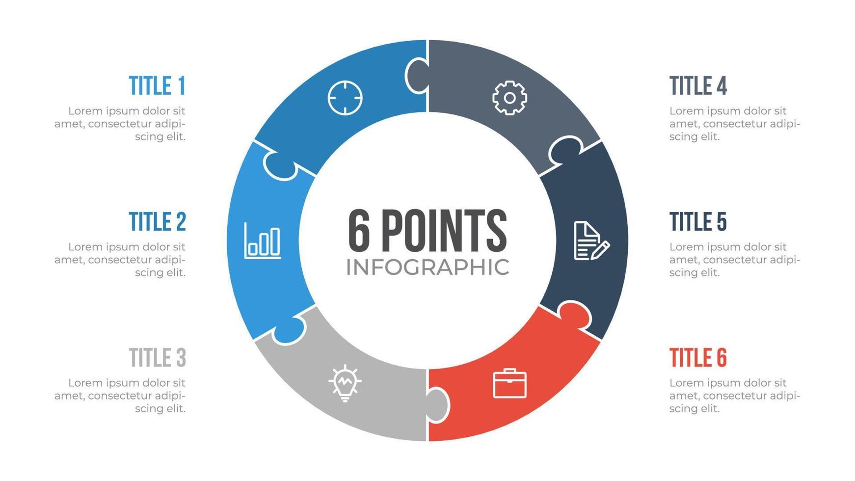 Vecteur d'élément infographique de cercle de 6 points avec puzzle, peut être utilisé pour le flux de travail, les étapes, les options, la liste, les processus, la diapositive de présentation, le rapport, etc.