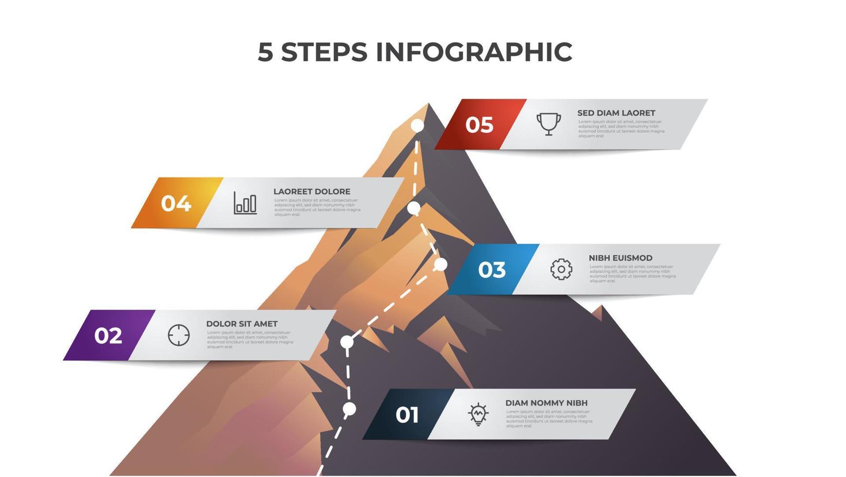 modèle d'élément infographique avec illustration de montagne, diagramme en 5 étapes peut être utilisé pour la présentation, la brochure, etc. vecteur