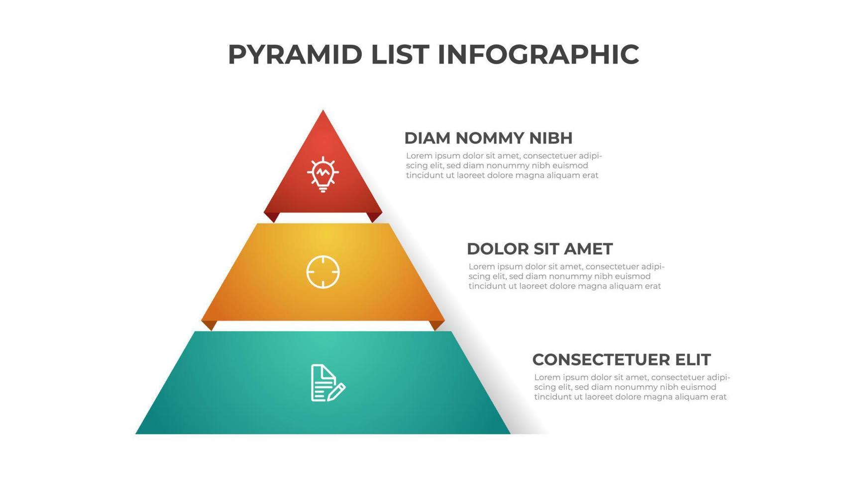 vecteur de modèle d'infographie de liste de pyramide avec 3 couches. élément de mise en page pour la présentation, le rapport, la bannière, etc.