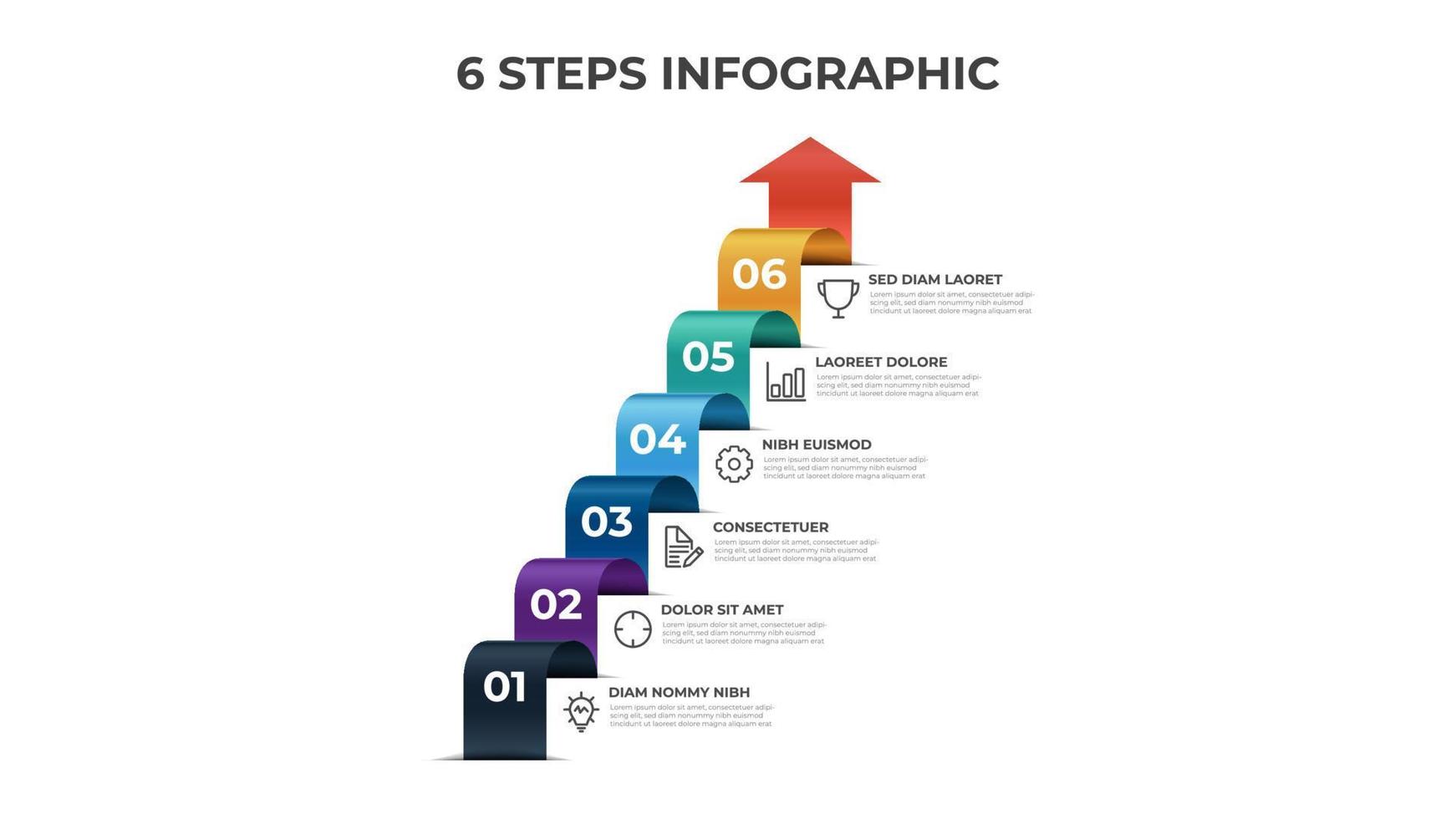 6 escaliers d'étapes, modèle d'élément infographique, vecteur de conception de mise en page avec diagramme de flèche de liste