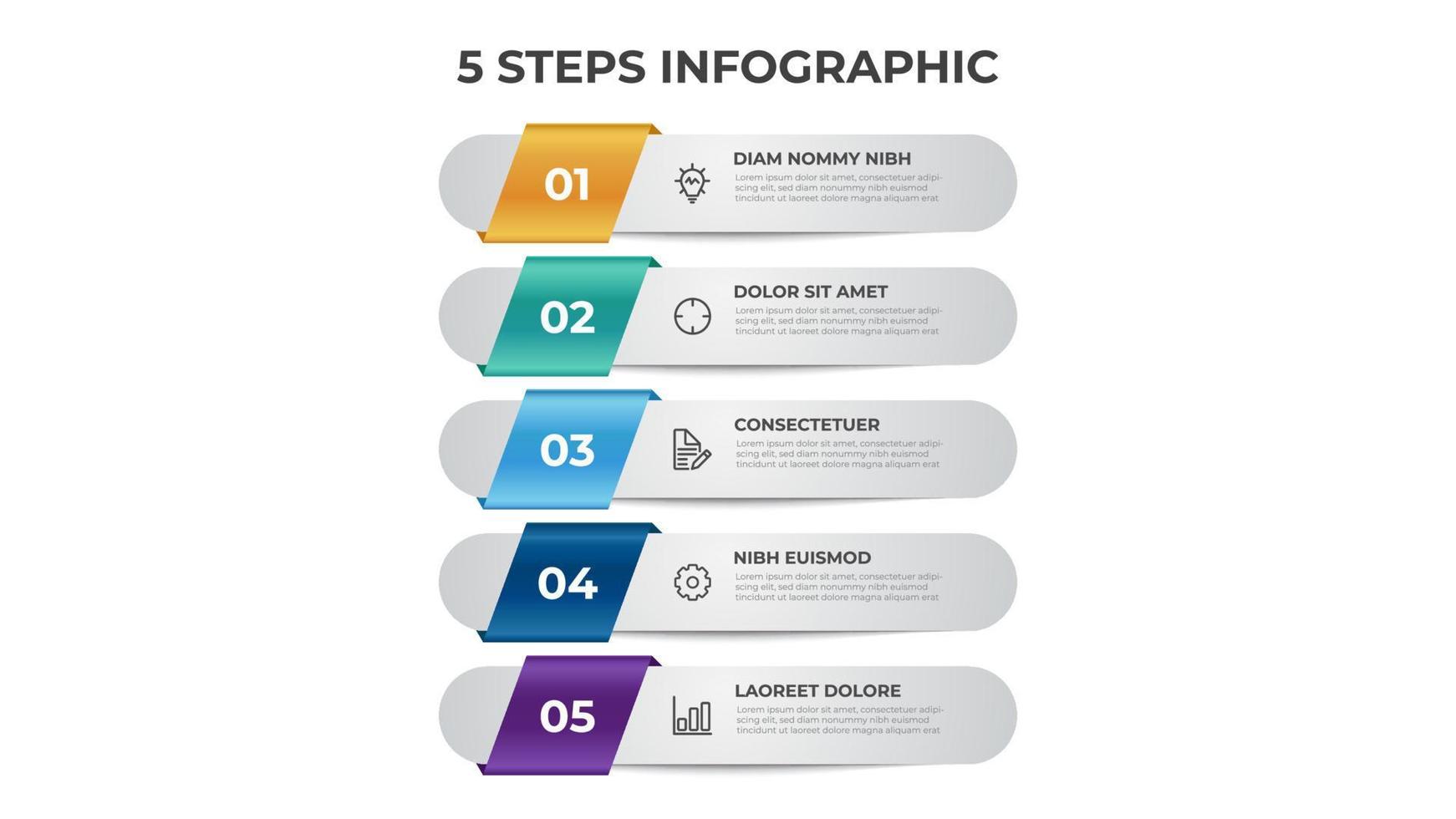 Diagramme en 5 points d'étapes, mise en page de liste verticale, vecteur de modèle d'infographie.