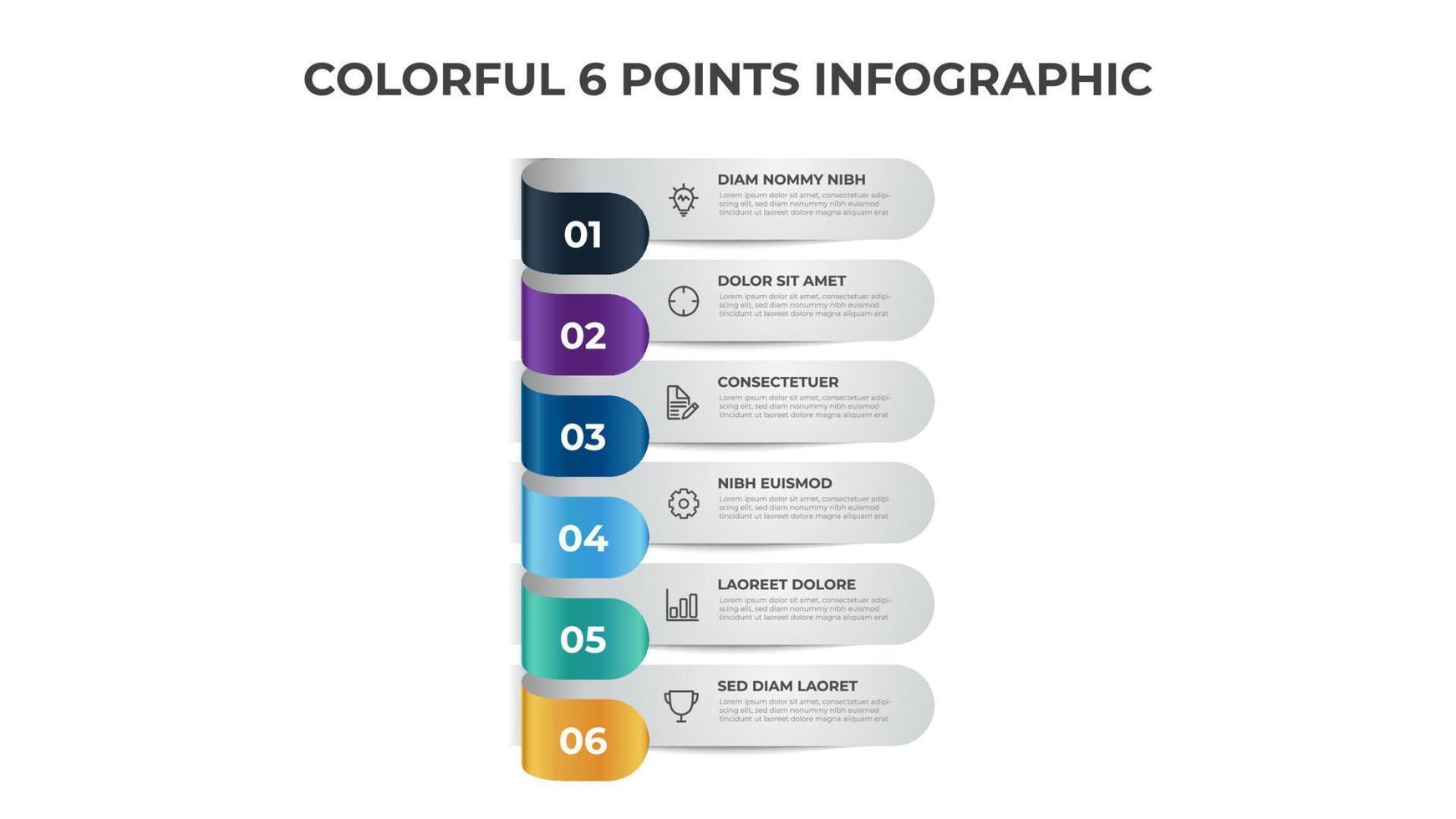 coloré 6 points d'étapes, diagramme de mise en page de liste, vecteur de modèle d'élément infographique.