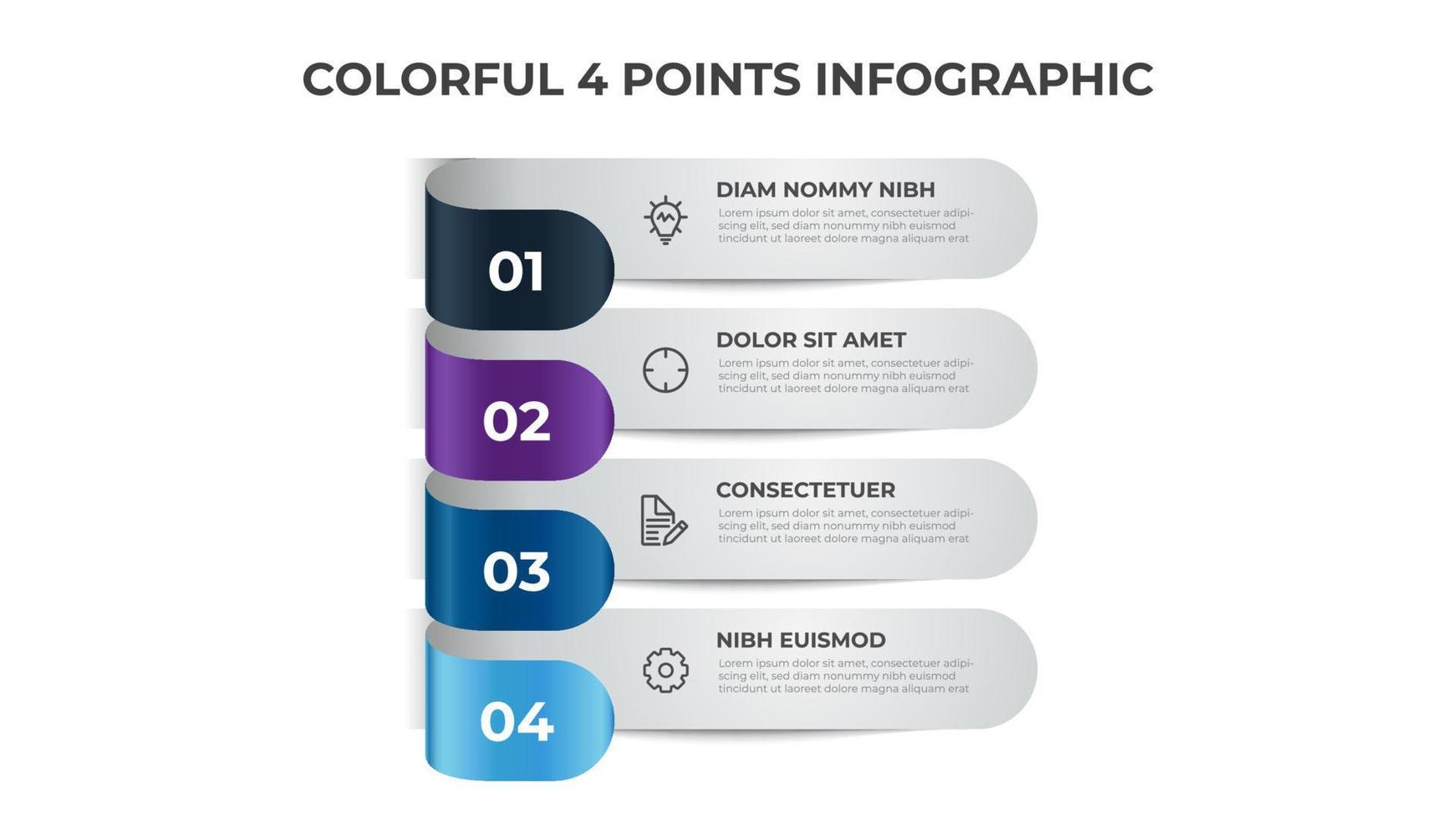 coloré 4 points d'étapes, diagramme de mise en page de liste, vecteur de modèle d'élément infographique.