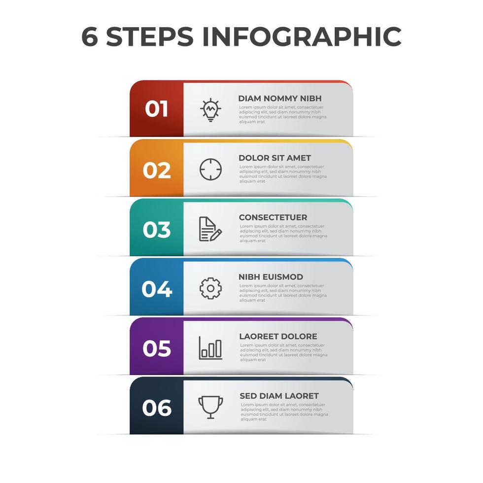 Diagramme de 6 listes d'étapes, disposition des rangées verticales avec nombre de séquences et d'icônes, modèle d'élément infographique vecteur