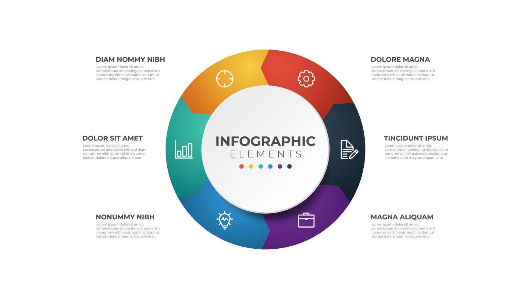 Étapes circulaires à 6 points, modèle d'élément infographique de séquence. vecteur