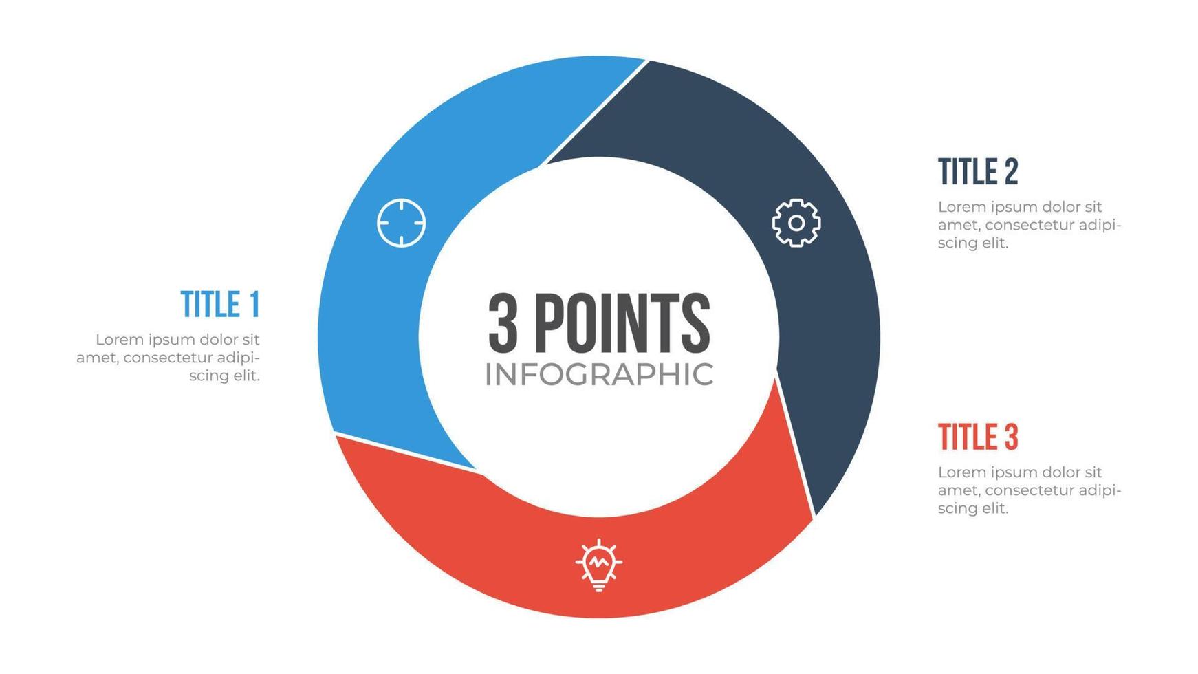 Vecteur d'élément infographique de cercle à 3 points, peut être utilisé pour le flux de travail, les étapes, les options, la liste, les processus, la diapositive de présentation, le rapport, etc.