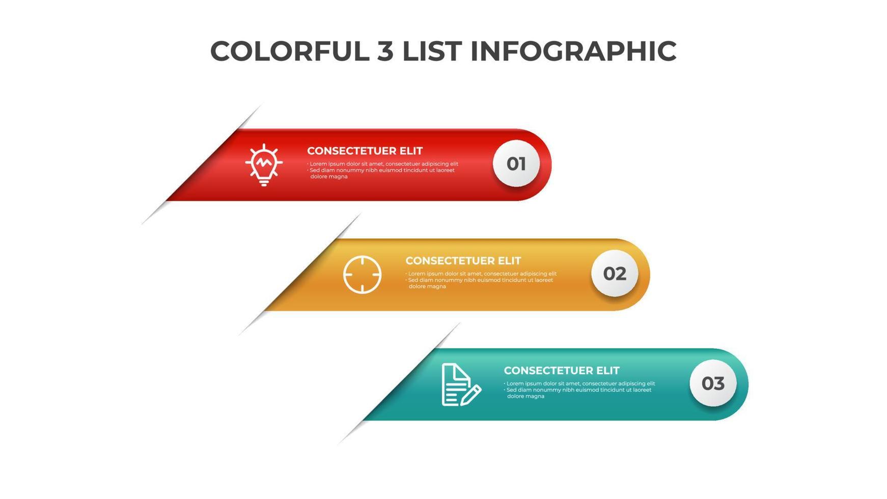 3 points de disposition du diagramme de liste, vecteur de modèle d'élément infographique coloré