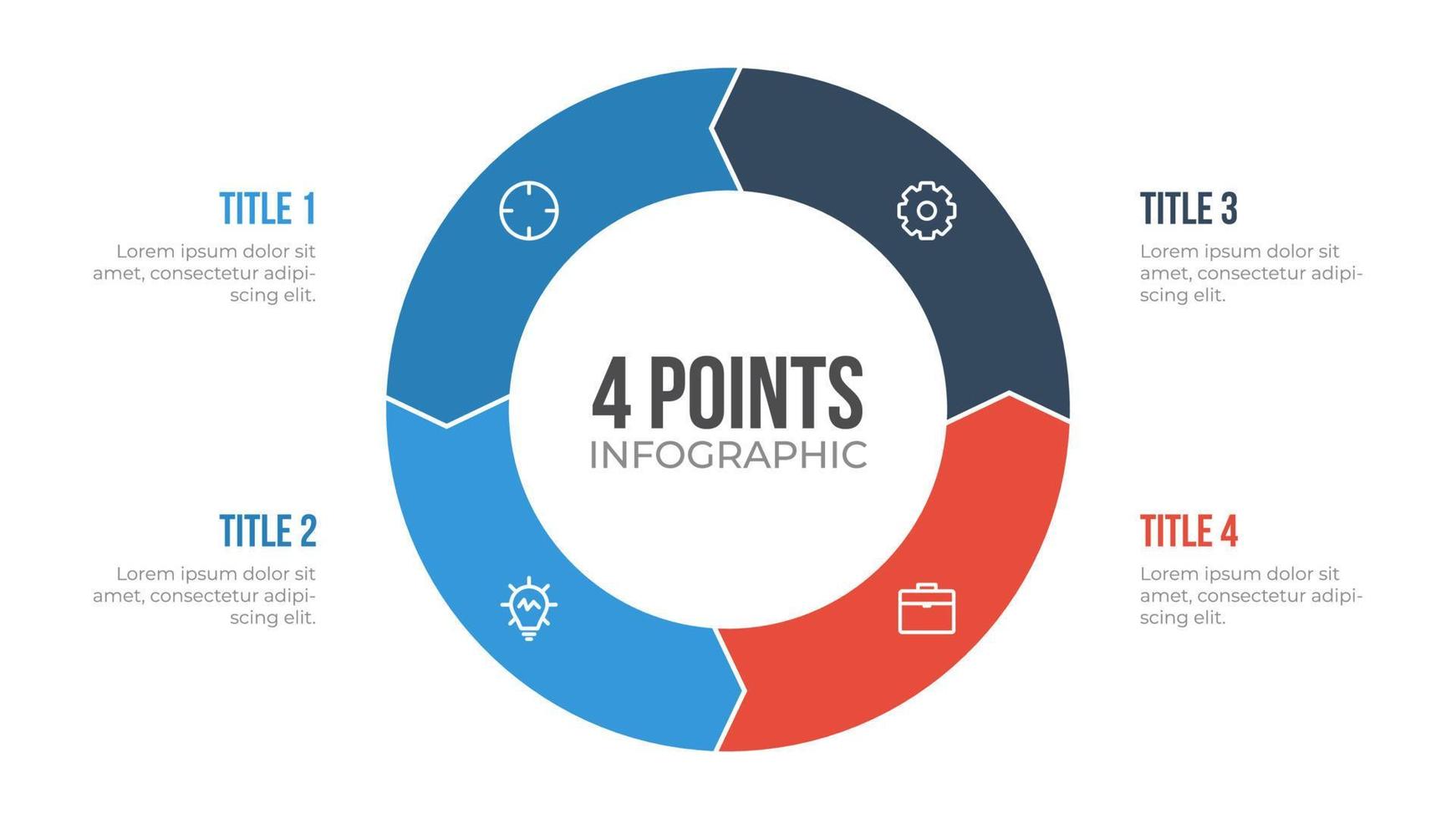 Vecteur d'élément infographique de cercle de 4 points avec des flèches, peut être utilisé pour le flux de travail, les étapes, les options, la liste, les processus, la diapositive de présentation, le rapport, etc.