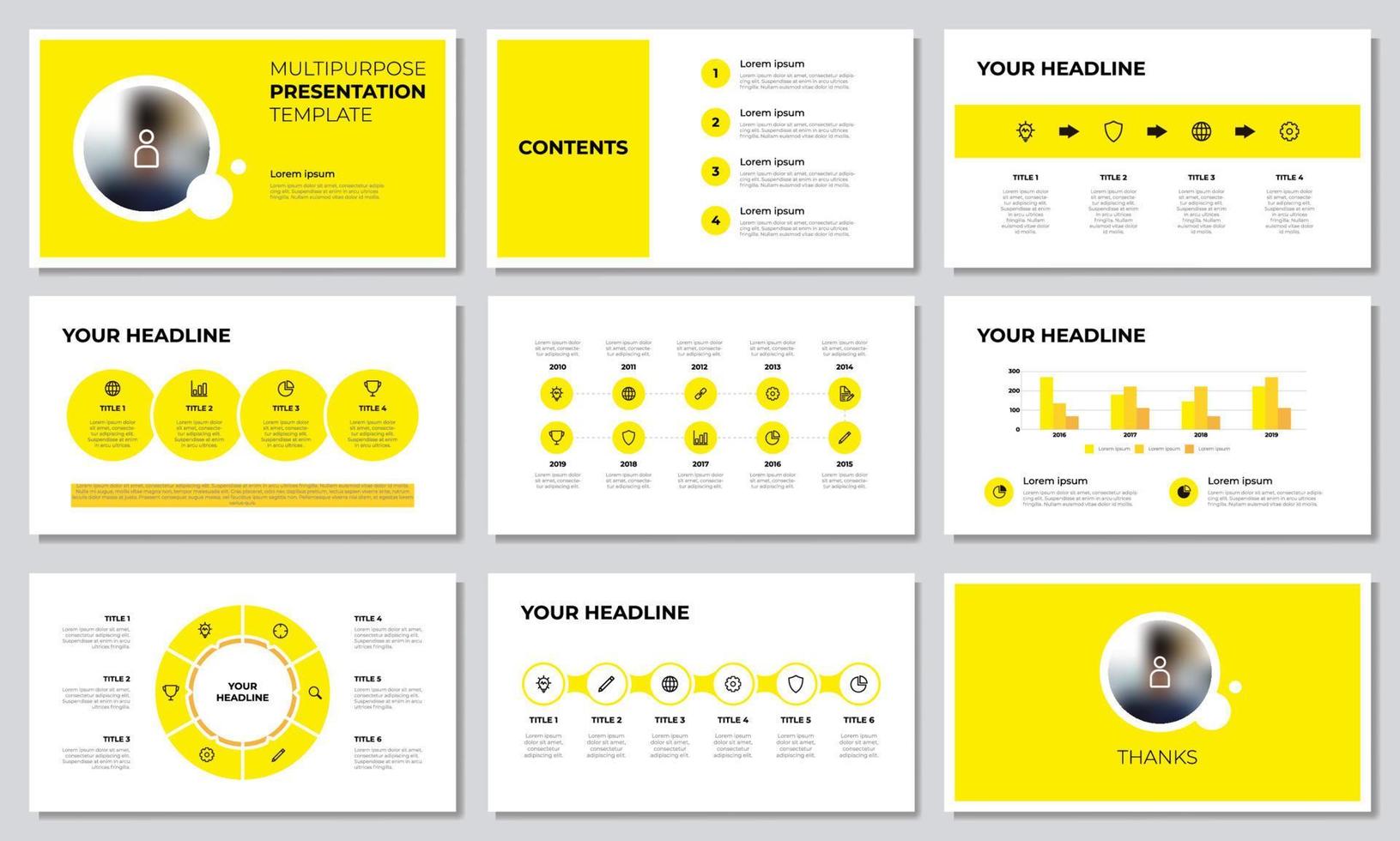 modèle de présentation polyvalent jaune avec liste, options, étapes, chronologie, flux de travail, graphique, diagramme. infographie d'entreprise, mise en page pour diapositive, brochure, bannière, rapport annuel, publicité, marketing vecteur