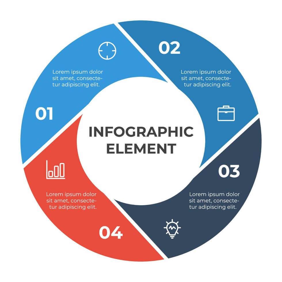 cercle vecteur d'élément infographique avec 4 options, étapes, liste, pièces. peut être utilisé pour le flux de travail, la chronologie, la bannière, la brochure, la publication sur les réseaux sociaux, etc.