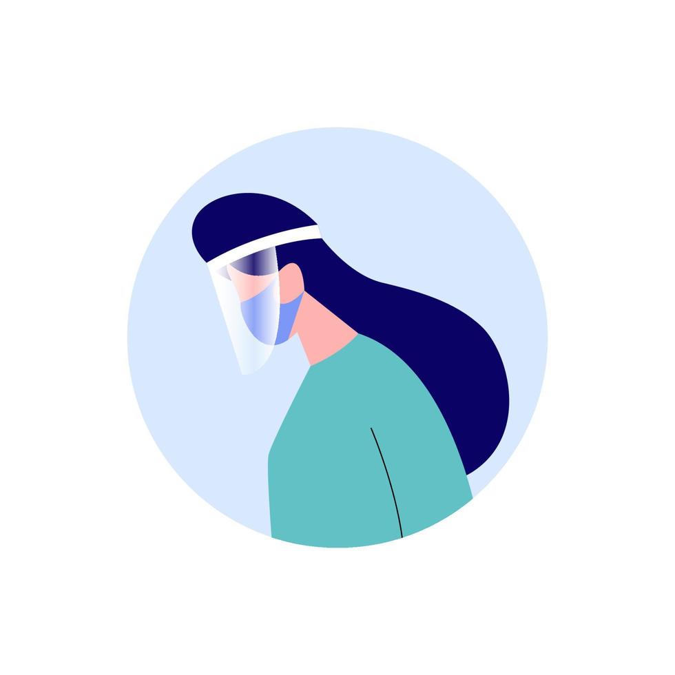 femme portant un masque médical et un écran facial pour prévenir les virus et les gouttelettes vecteur