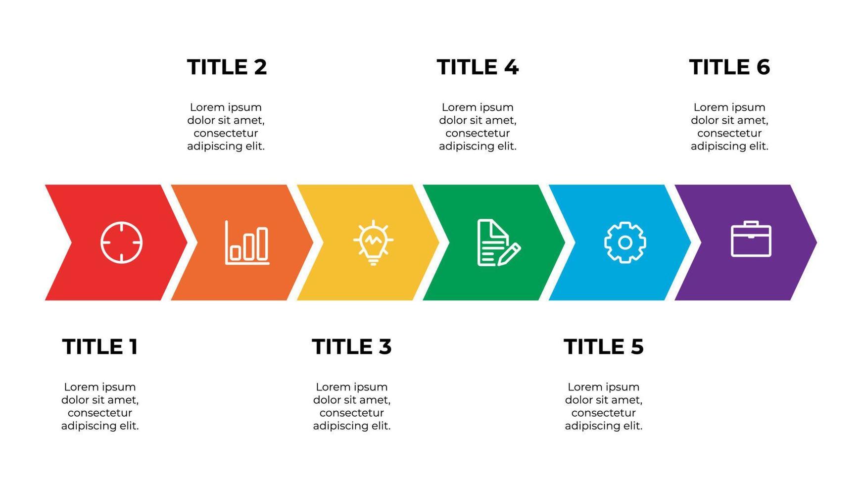 élément de modèle d'infographie avec six points de titre et d'icônes, peut être utilisé pour le flux de travail, la chronologie, le processus, l'information, la diapositive de présentation, etc. vecteur