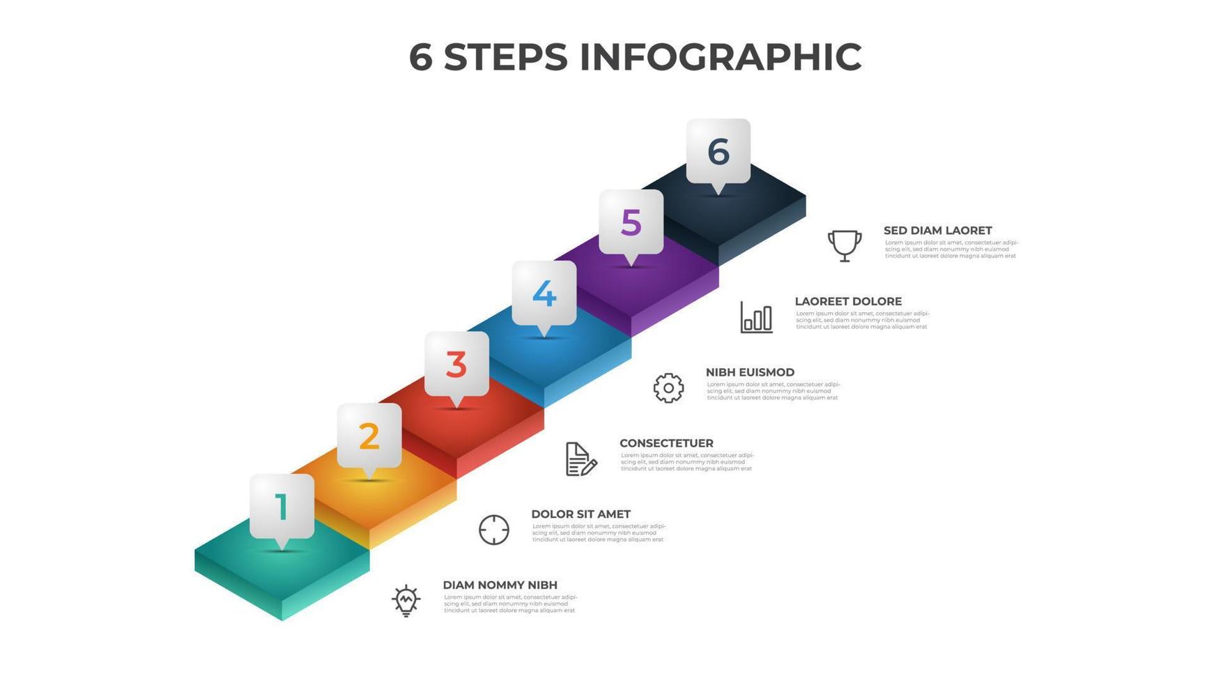 Modèle d'infographie en 6 étapes avec escaliers, élément de mise en page pour le flux de travail de présentation, diagramme, etc. vecteur